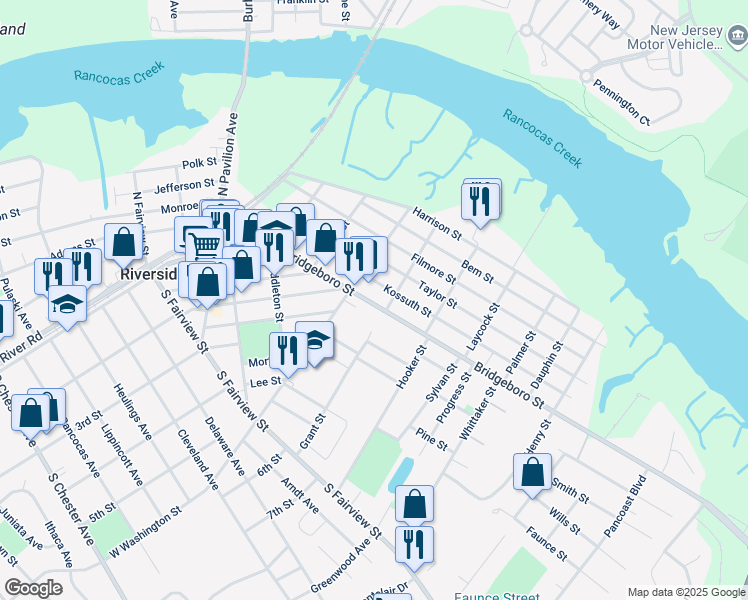 map of restaurants, bars, coffee shops, grocery stores, and more near 408 Bridgeboro Street in Riverside