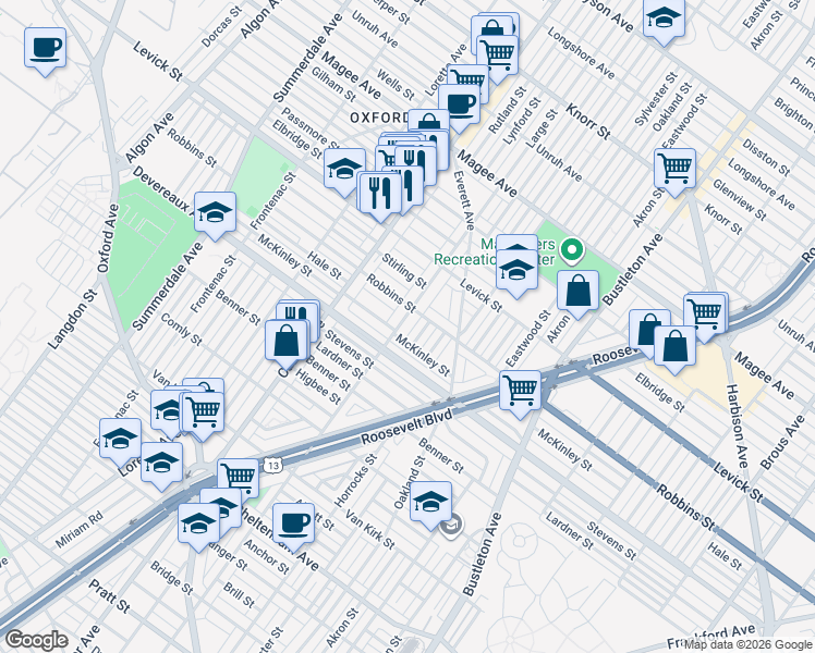 map of restaurants, bars, coffee shops, grocery stores, and more near 6287 Large Street in Philadelphia