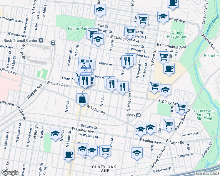 map of restaurants, bars, coffee shops, grocery stores, and more near 5612 North American Street in Philadelphia