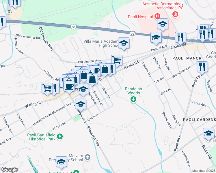 map of restaurants, bars, coffee shops, grocery stores, and more near 38 Ruthland Avenue in Malvern