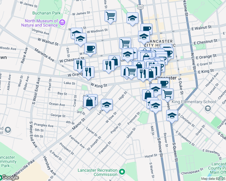 map of restaurants, bars, coffee shops, grocery stores, and more near 429 Lafayette Street in Lancaster