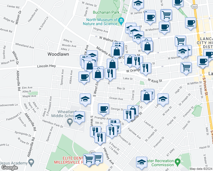 map of restaurants, bars, coffee shops, grocery stores, and more near 824 1st Street in Lancaster