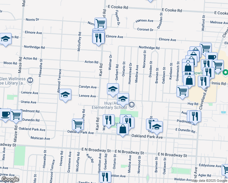 map of restaurants, bars, coffee shops, grocery stores, and more near 3421 Gerbert Road in Columbus