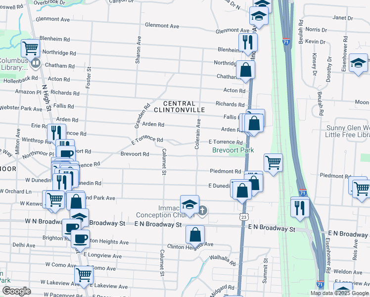 map of restaurants, bars, coffee shops, grocery stores, and more near 419 East Torrence Road in Columbus