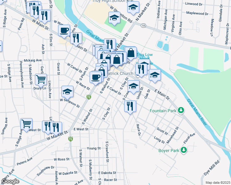 map of restaurants, bars, coffee shops, grocery stores, and more near 212 East Canal Street in Troy
