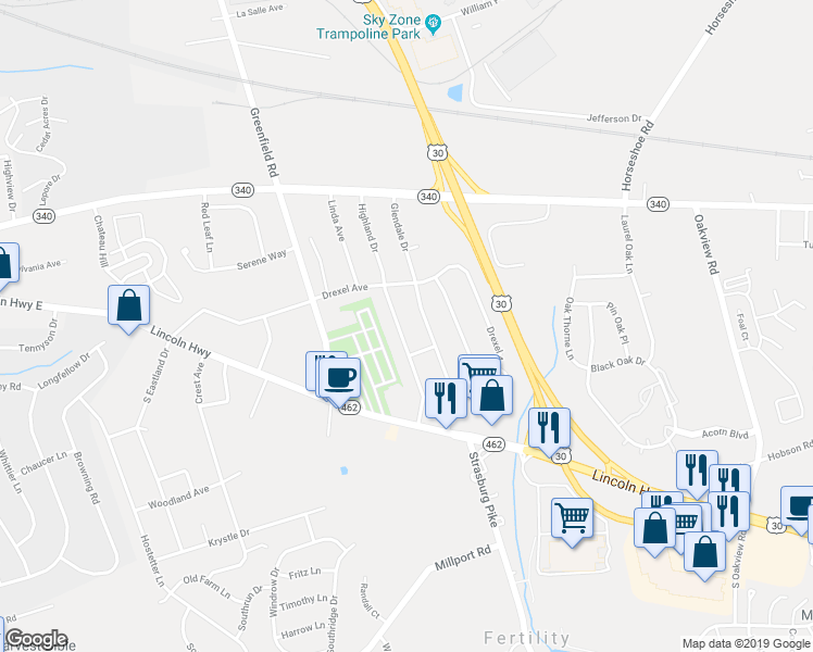map of restaurants, bars, coffee shops, grocery stores, and more near 43 Highland Drive in Lancaster