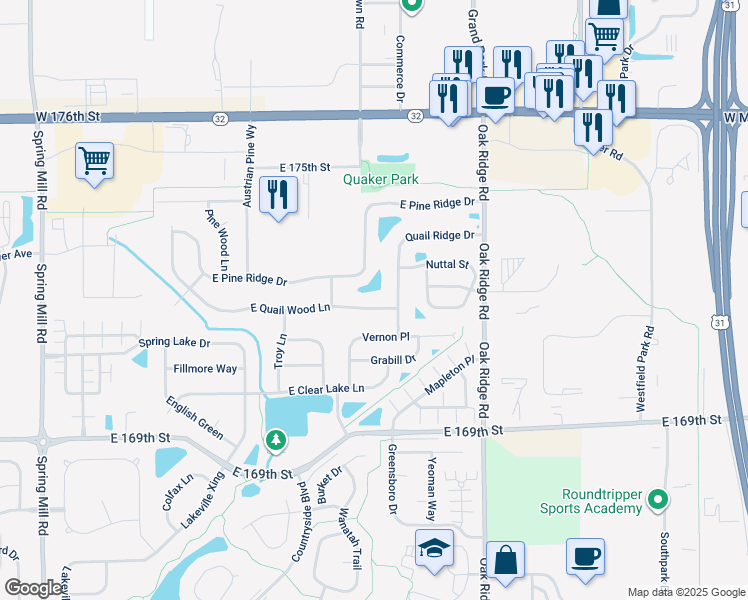 map of restaurants, bars, coffee shops, grocery stores, and more near 452 East Quail Wood Lane in Westfield