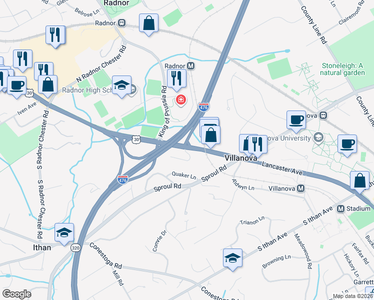 map of restaurants, bars, coffee shops, grocery stores, and more near 714 Lancaster Avenue in Villanova