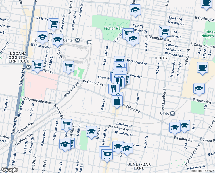 map of restaurants, bars, coffee shops, grocery stores, and more near 548 West Olney Avenue in Philadelphia