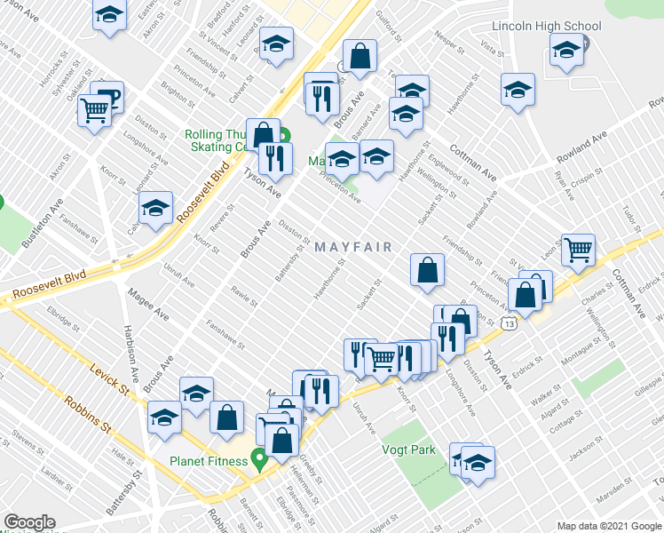 map of restaurants, bars, coffee shops, grocery stores, and more near 3048 Disston Street in Philadelphia