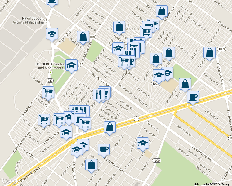 map of restaurants, bars, coffee shops, grocery stores, and more near 1414 Devereaux Avenue in Philadelphia