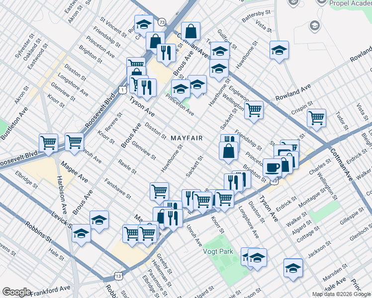 map of restaurants, bars, coffee shops, grocery stores, and more near 3118 Tyson Avenue in Philadelphia