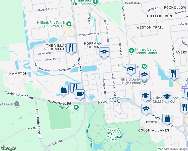 map of restaurants, bars, coffee shops, grocery stores, and more near 6001 Coventry Bend Drive in Hilliard