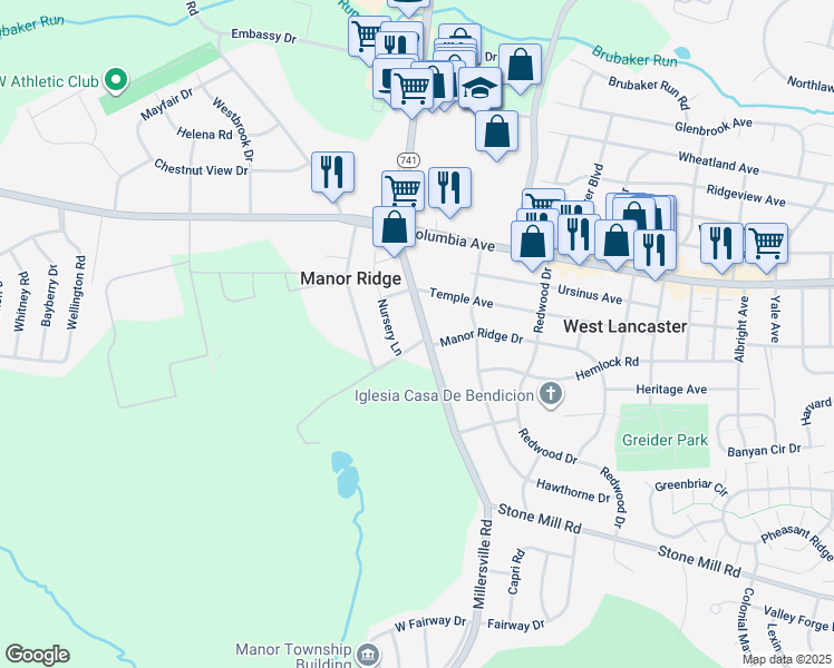 map of restaurants, bars, coffee shops, grocery stores, and more near 124 Millersville Road in Lancaster