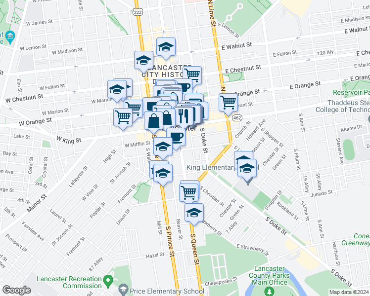 map of restaurants, bars, coffee shops, grocery stores, and more near 3 East Vine Street in Lancaster