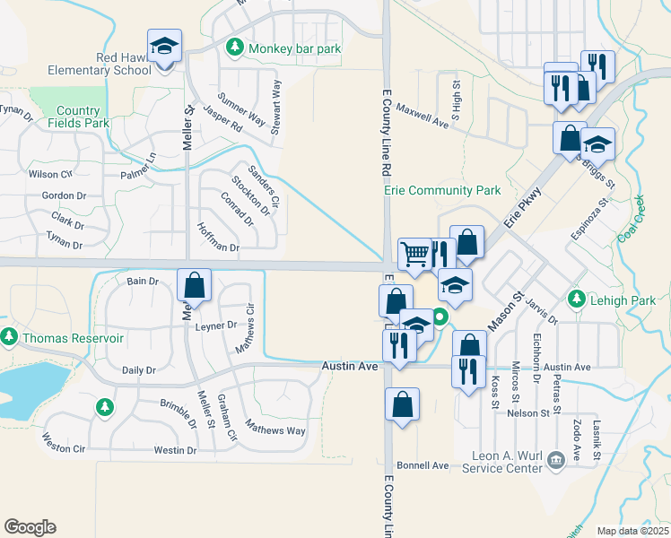 map of restaurants, bars, coffee shops, grocery stores, and more near 12686 Erie Parkway in Erie