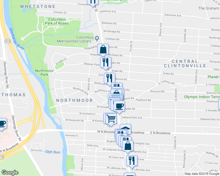 map of restaurants, bars, coffee shops, grocery stores, and more near 3645 North High Street in Columbus