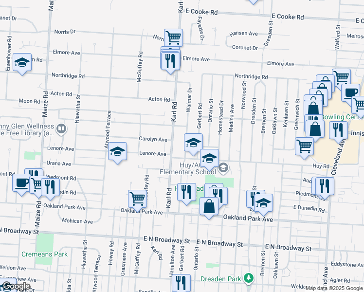 map of restaurants, bars, coffee shops, grocery stores, and more near 3425 Walmar Drive in Columbus