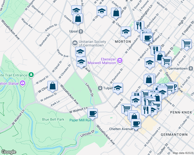 map of restaurants, bars, coffee shops, grocery stores, and more near 6222 Wayne Avenue in Philadelphia