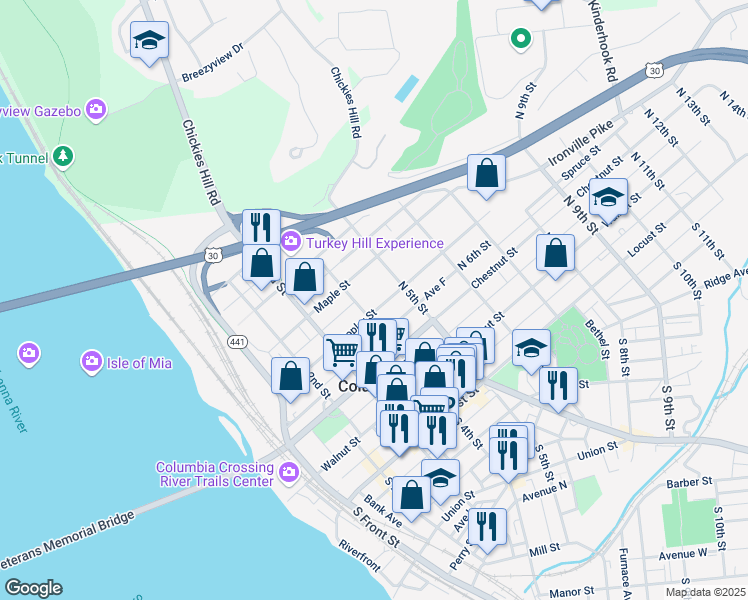 map of restaurants, bars, coffee shops, grocery stores, and more near 419 Poplar Street in Columbia