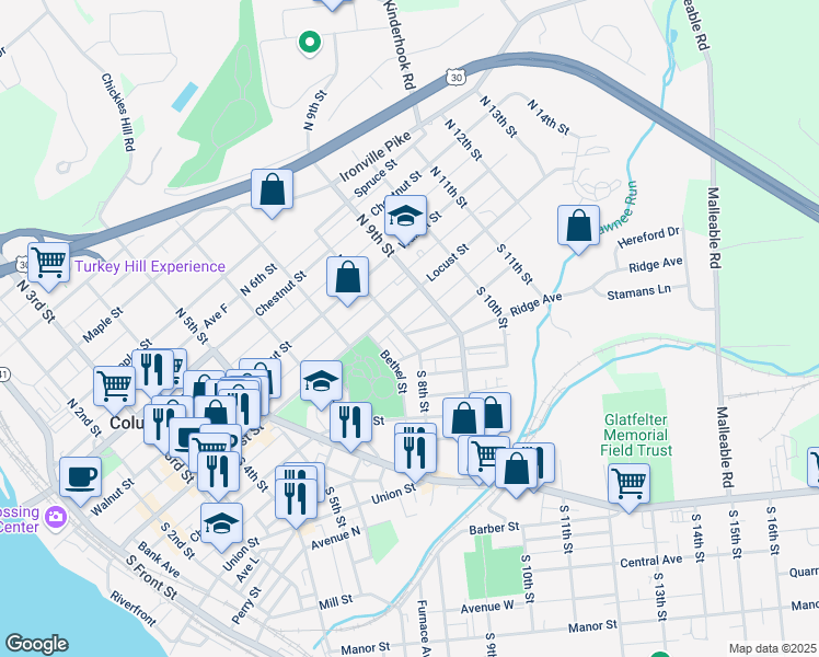 map of restaurants, bars, coffee shops, grocery stores, and more near 31 South 8th Street in Columbia