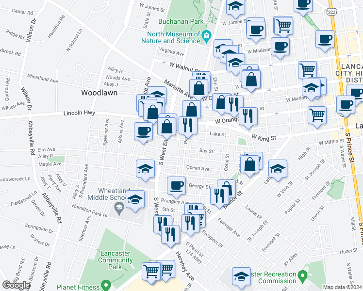 map of restaurants, bars, coffee shops, grocery stores, and more near 114 Pearl Street in Lancaster