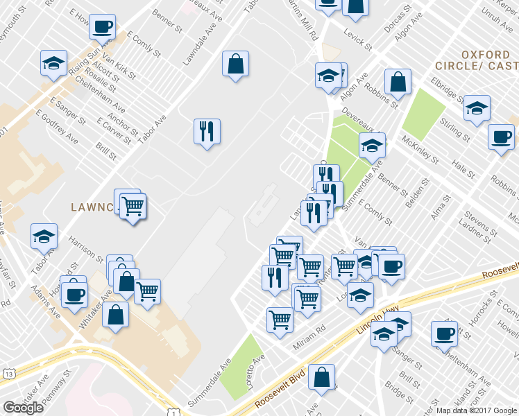 map of restaurants, bars, coffee shops, grocery stores, and more near 5500 Langdon St in Philadelphia