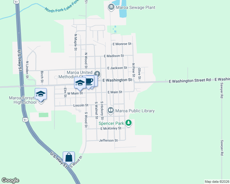 map of restaurants, bars, coffee shops, grocery stores, and more near East Main Street in Maroa