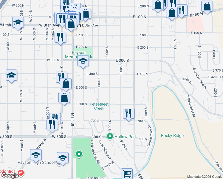 map of restaurants, bars, coffee shops, grocery stores, and more near 513 South 400 East in Payson