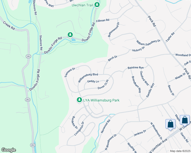 map of restaurants, bars, coffee shops, grocery stores, and more near 829 Williamsburg Boulevard in Downingtown