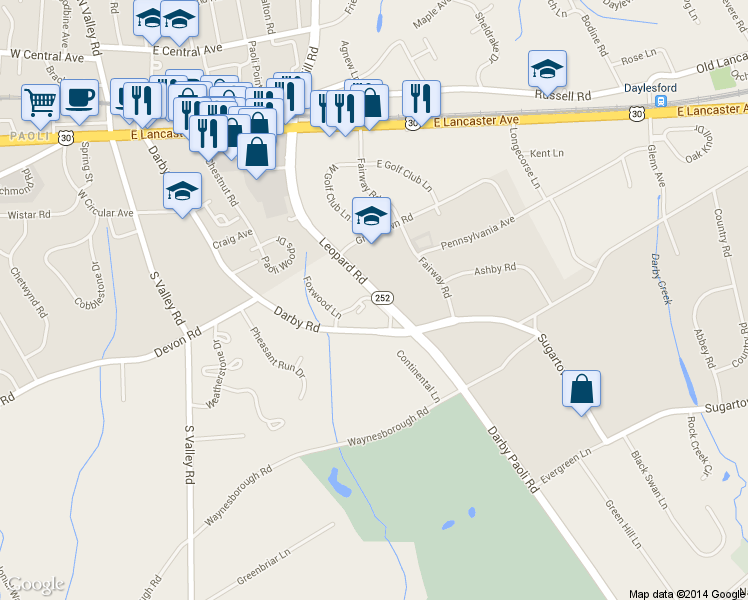 map of restaurants, bars, coffee shops, grocery stores, and more near 569 Foxwood Lane in Paoli