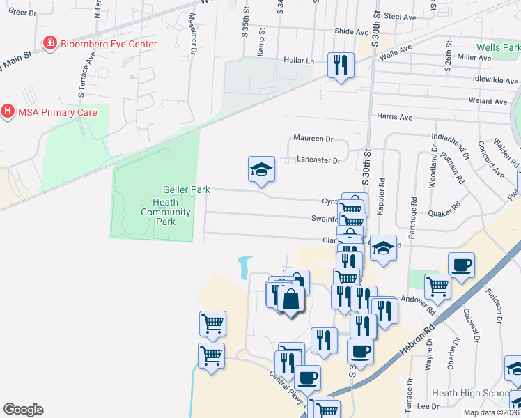 map of restaurants, bars, coffee shops, grocery stores, and more near 150 Swainford Drive in Heath