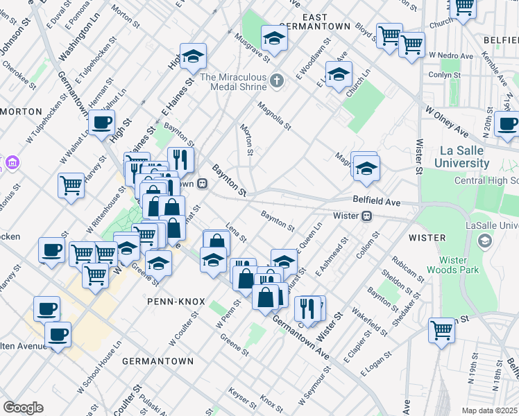 map of restaurants, bars, coffee shops, grocery stores, and more near 5345 Baynton Street in Philadelphia