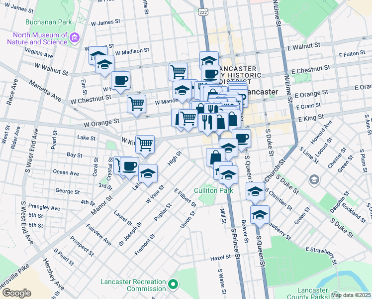 map of restaurants, bars, coffee shops, grocery stores, and more near 30 South Mulberry Street in Lancaster