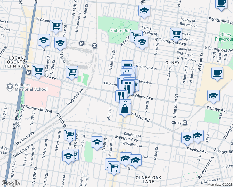 map of restaurants, bars, coffee shops, grocery stores, and more near 538 West Olney Avenue in Philadelphia
