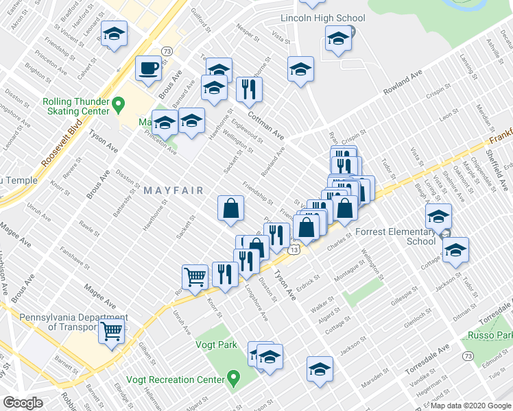 map of restaurants, bars, coffee shops, grocery stores, and more near 3321 Princeton Avenue in Philadelphia