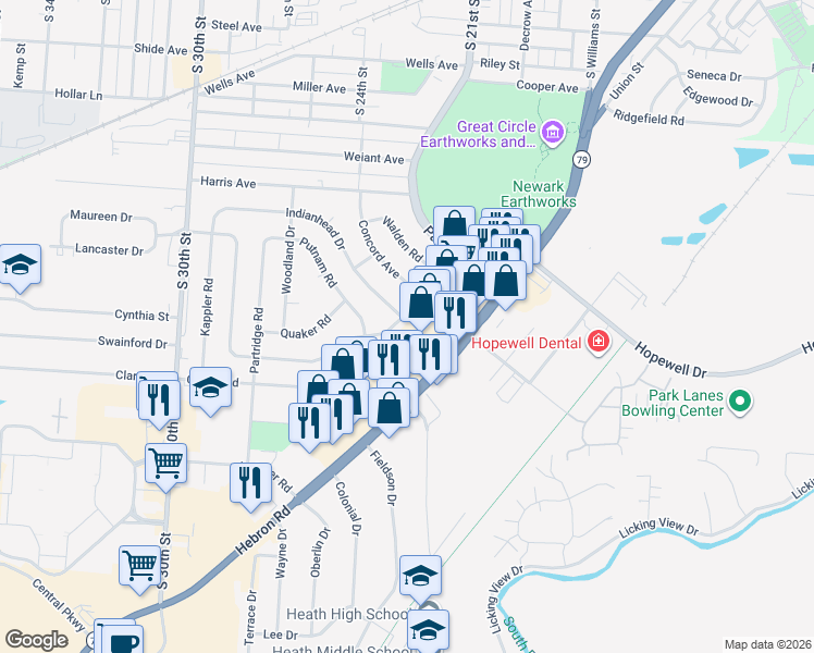 map of restaurants, bars, coffee shops, grocery stores, and more near 229 Fieldpoint Road in Heath