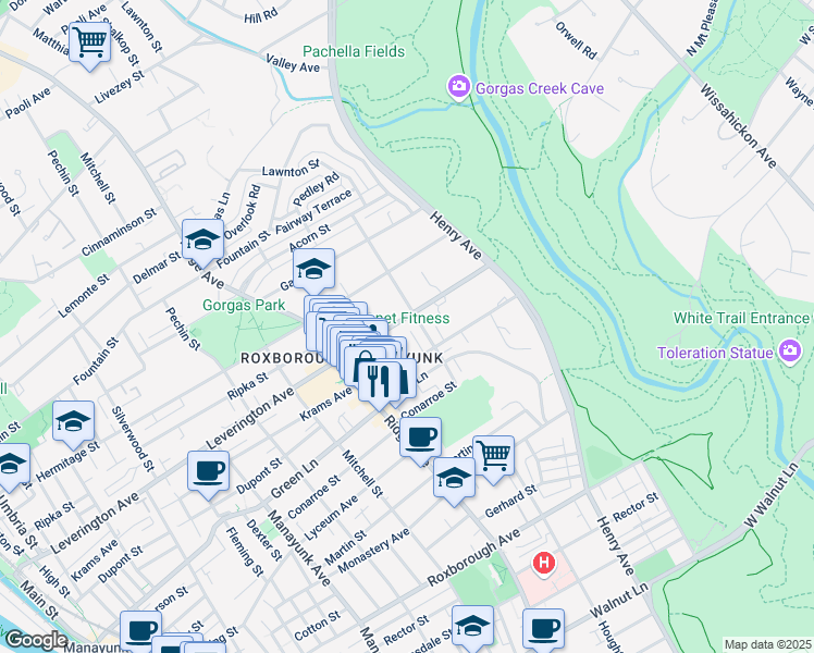 map of restaurants, bars, coffee shops, grocery stores, and more near 559 Leverington Avenue in Philadelphia
