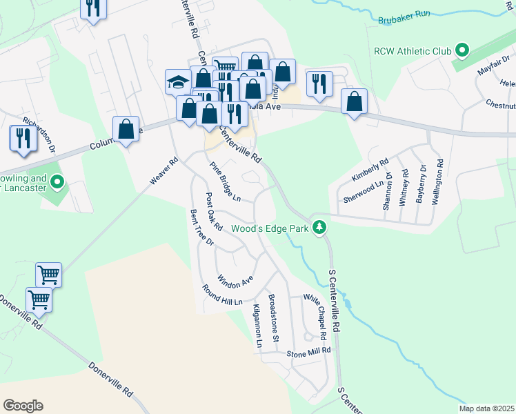 map of restaurants, bars, coffee shops, grocery stores, and more near 102 Stone Creek Road in Lancaster