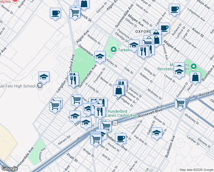 map of restaurants, bars, coffee shops, grocery stores, and more near 6065 Loretto Avenue in Philadelphia