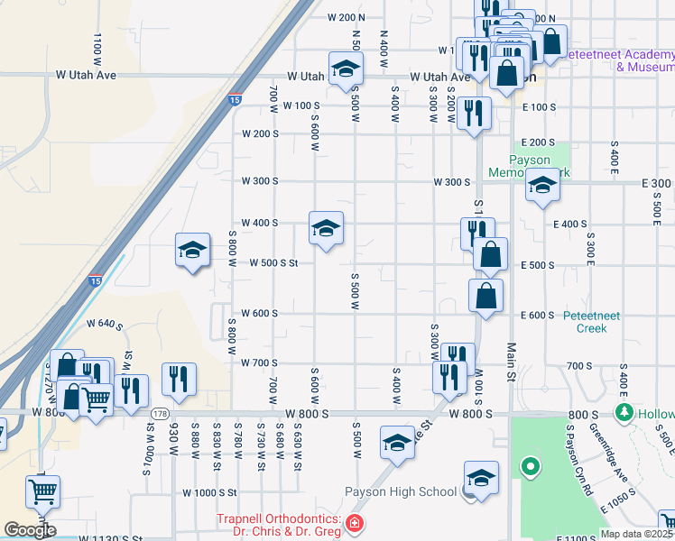 map of restaurants, bars, coffee shops, grocery stores, and more near 531 West 500 South in Payson