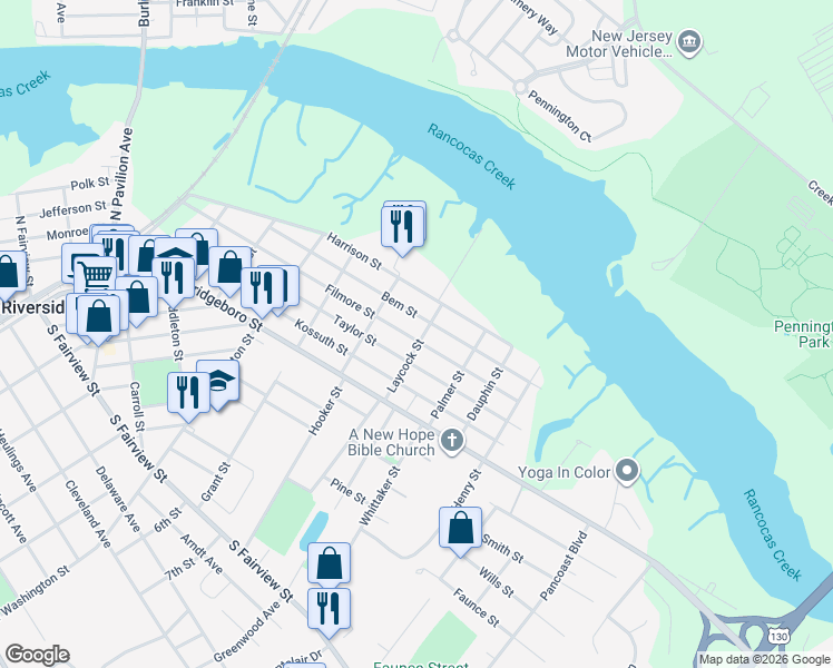 map of restaurants, bars, coffee shops, grocery stores, and more near 401 Laycock Street in Riverside