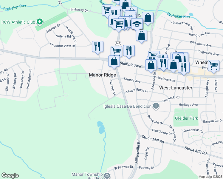 map of restaurants, bars, coffee shops, grocery stores, and more near 114 Nursery Lane in Lancaster