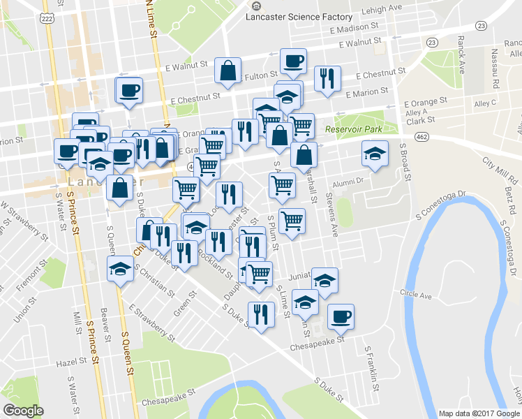 map of restaurants, bars, coffee shops, grocery stores, and more near 37 Green St in Lancaster