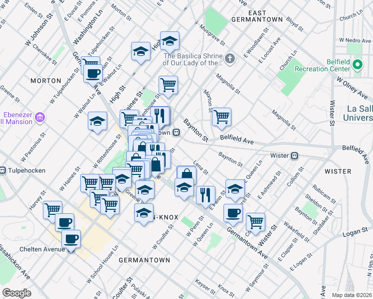 map of restaurants, bars, coffee shops, grocery stores, and more near 5539 Lena Street in Philadelphia