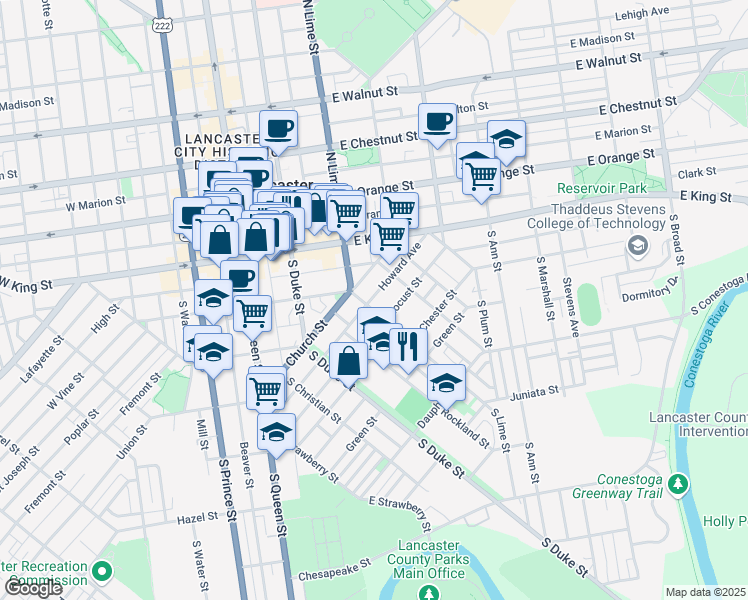 map of restaurants, bars, coffee shops, grocery stores, and more near 143 Howard Avenue in Lancaster