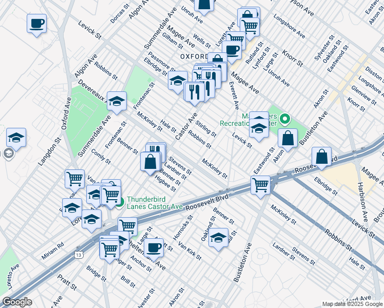 map of restaurants, bars, coffee shops, grocery stores, and more near 1454 McKinley Street in Philadelphia