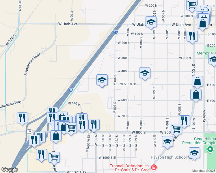 map of restaurants, bars, coffee shops, grocery stores, and more near 841 West 450 South in Payson
