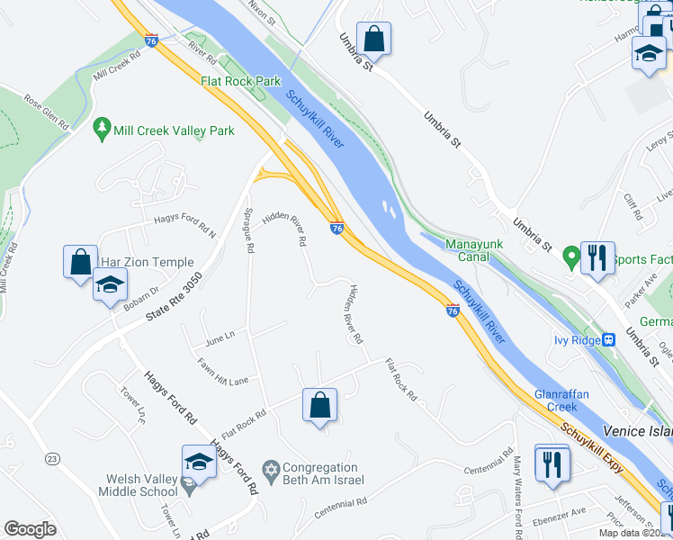 map of restaurants, bars, coffee shops, grocery stores, and more near 401 Hidden River Road in Narberth