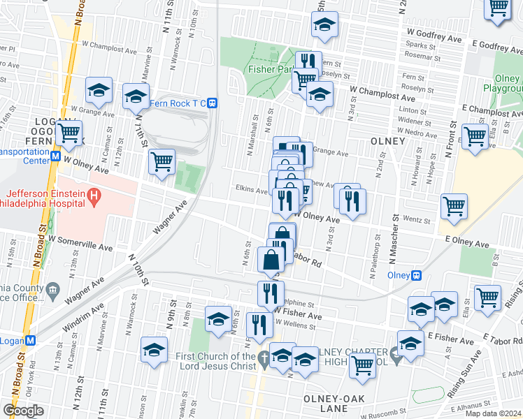 map of restaurants, bars, coffee shops, grocery stores, and more near 534 W Olney Ave in Philadelphia